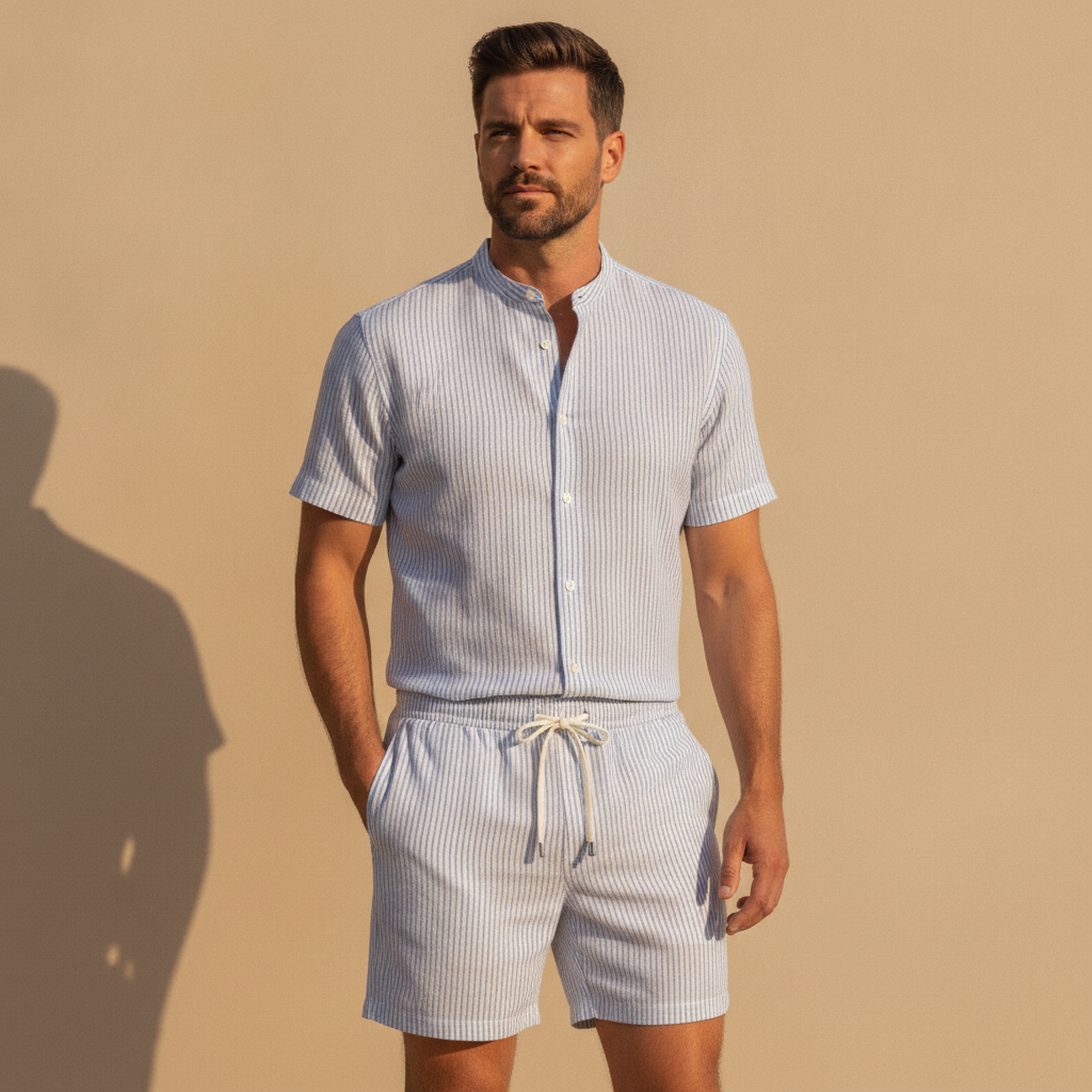 Completo Coordinato Uomo Camicia Righe Sottili e Pantaloncini - Bianco Righe Blu - indossato