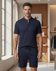 Completo Coordinato Uomo a Coste – Camicia Colletto Coreana e Pantaloncini - Navy Righe - indossato