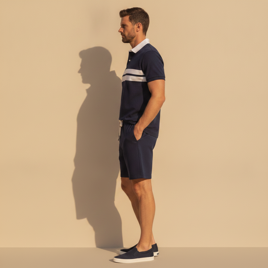 Completo Coordinato Uomo Camicia Colletto a Contrasto e Pantaloncini - vista laterale