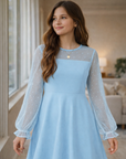 Vestito Aishi per Ragazza – Maniche Lunghe in Mesh, Taglio A-Line e Vita Alta con Tasche