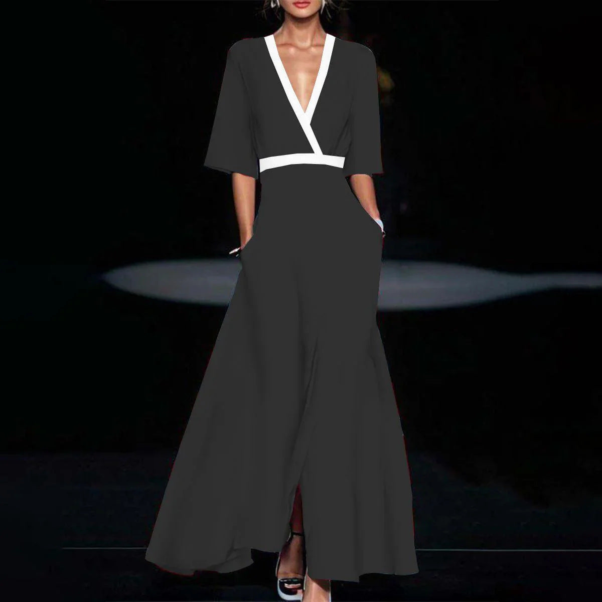 Abito lungo donna in tessuto leggero, scollo a V — vista 9