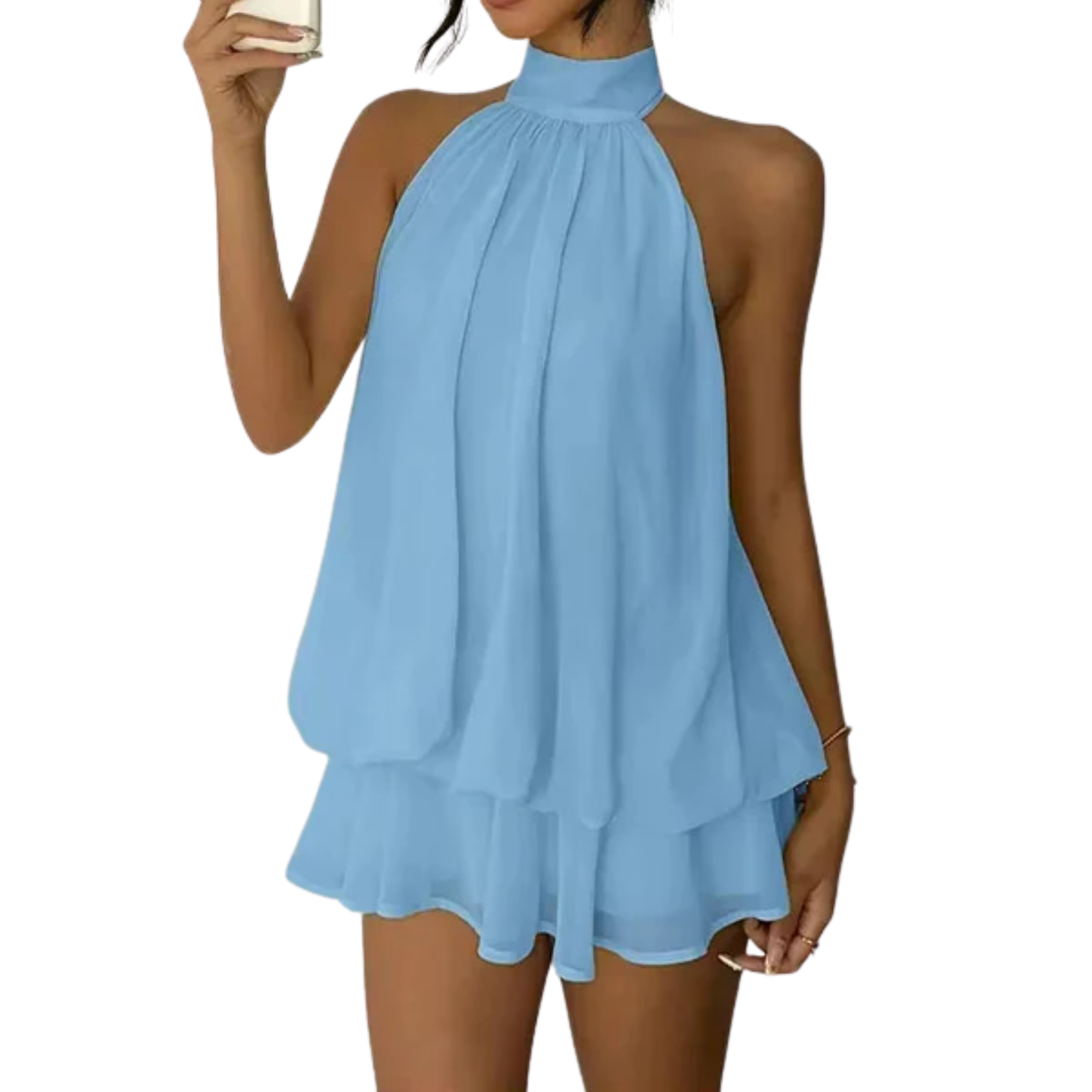 Vestito Mini Donna con Volant a Strati – Schiena Scoperta Halter Trapezio