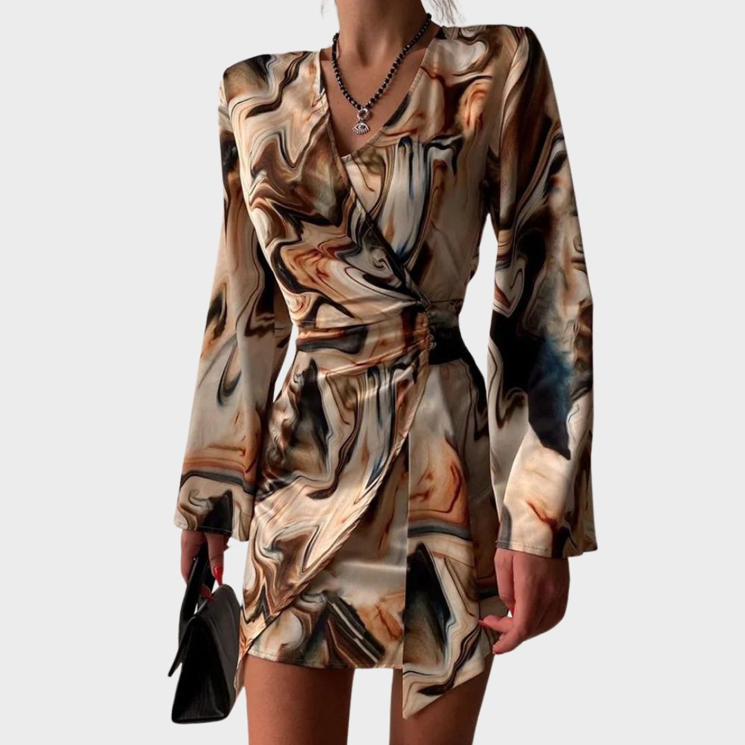 Abito portafoglio femminile di Jena - Stampa di testo, V in calo, eleganti maniche lunghe