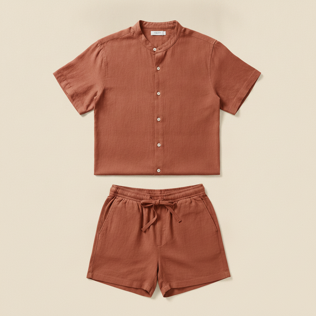 Completo Coordinato Uomo Camicia Lino Blend e Pantaloncini Comfort - Terracotta
