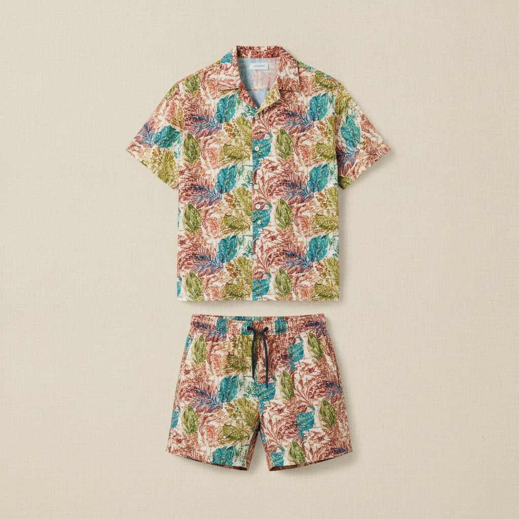 Completo Coordinato Uomo Camicia Tropicale e Pantaloncini - Tropicale Rosso