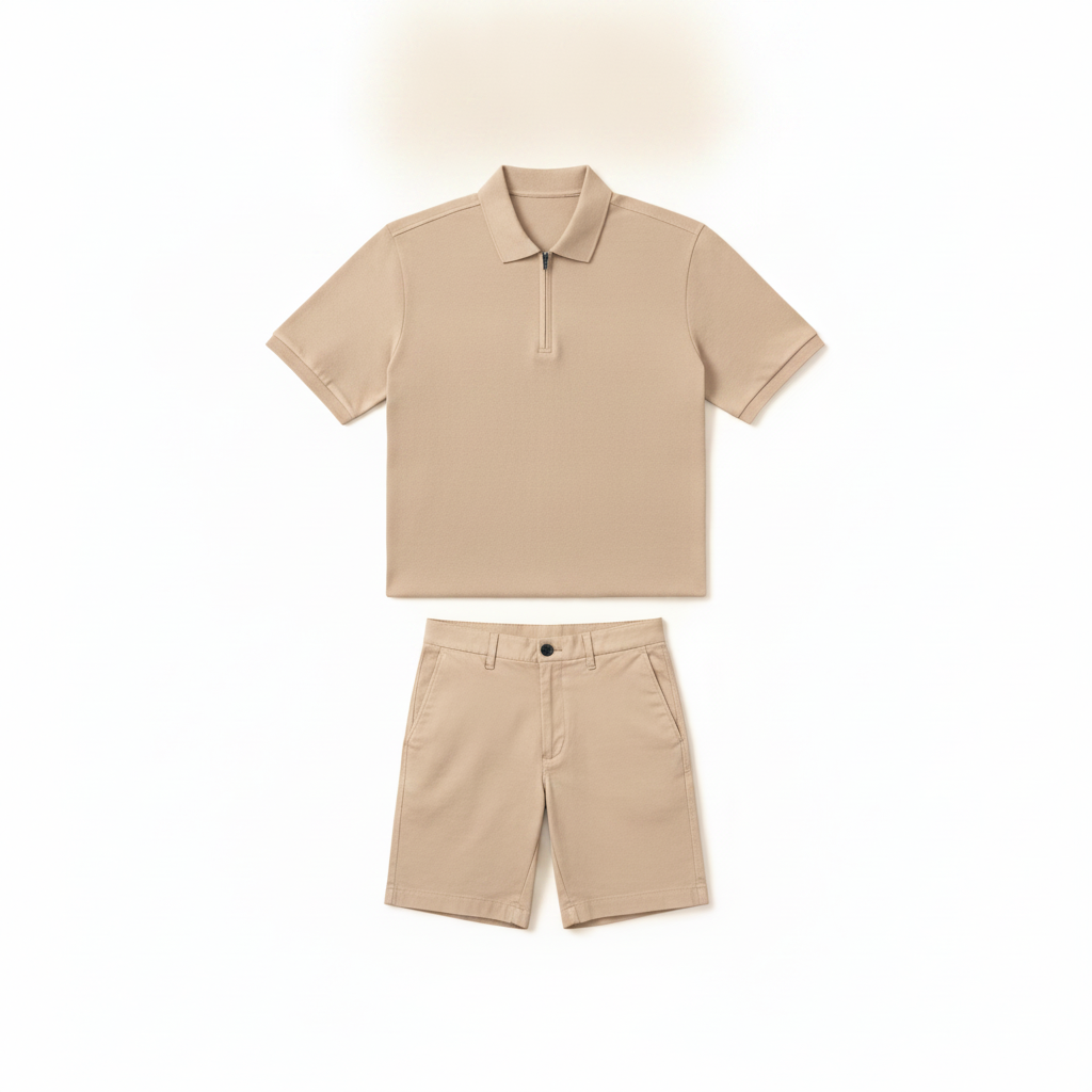 Completo Coordinato Uomo Polo Zip e Bermuda - Beige