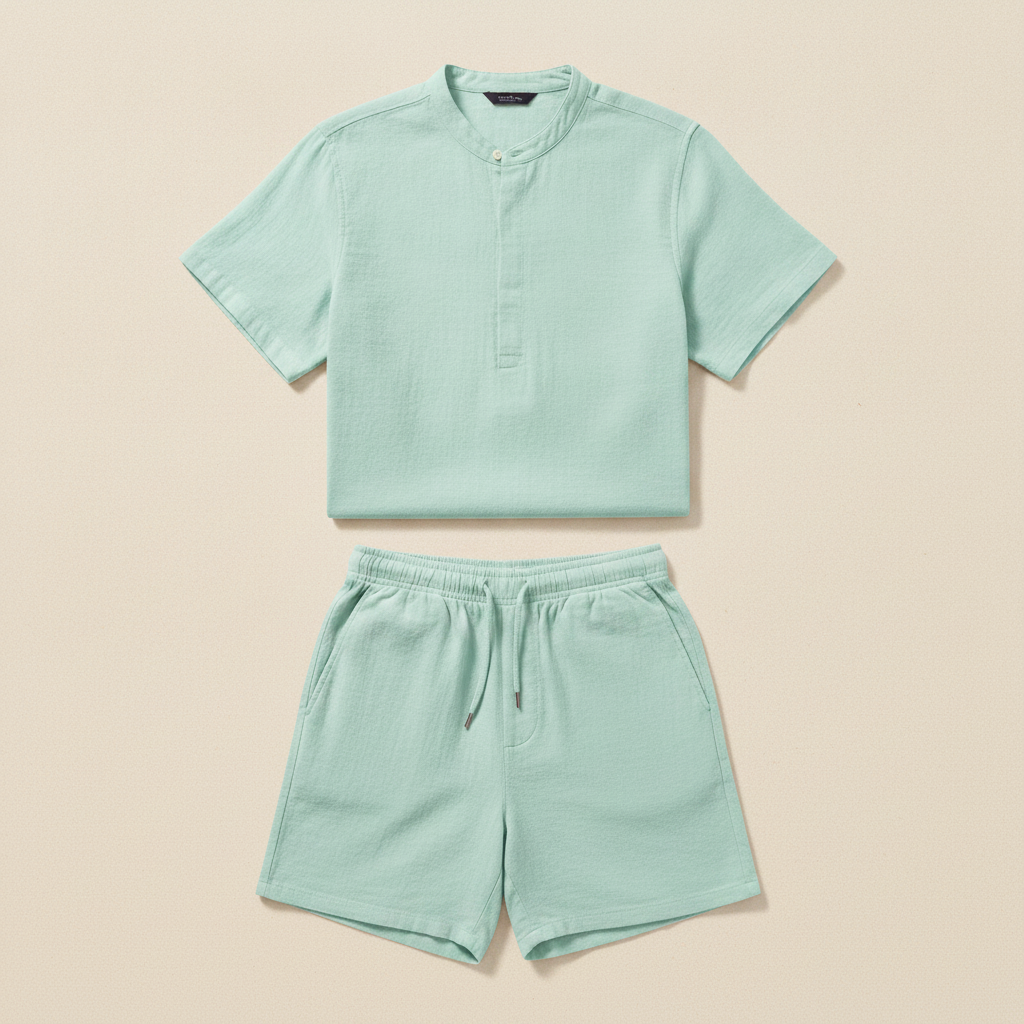Completo Coordinato Uomo Camicia Fiammata Pastello e Pantaloncini - Verde Menta