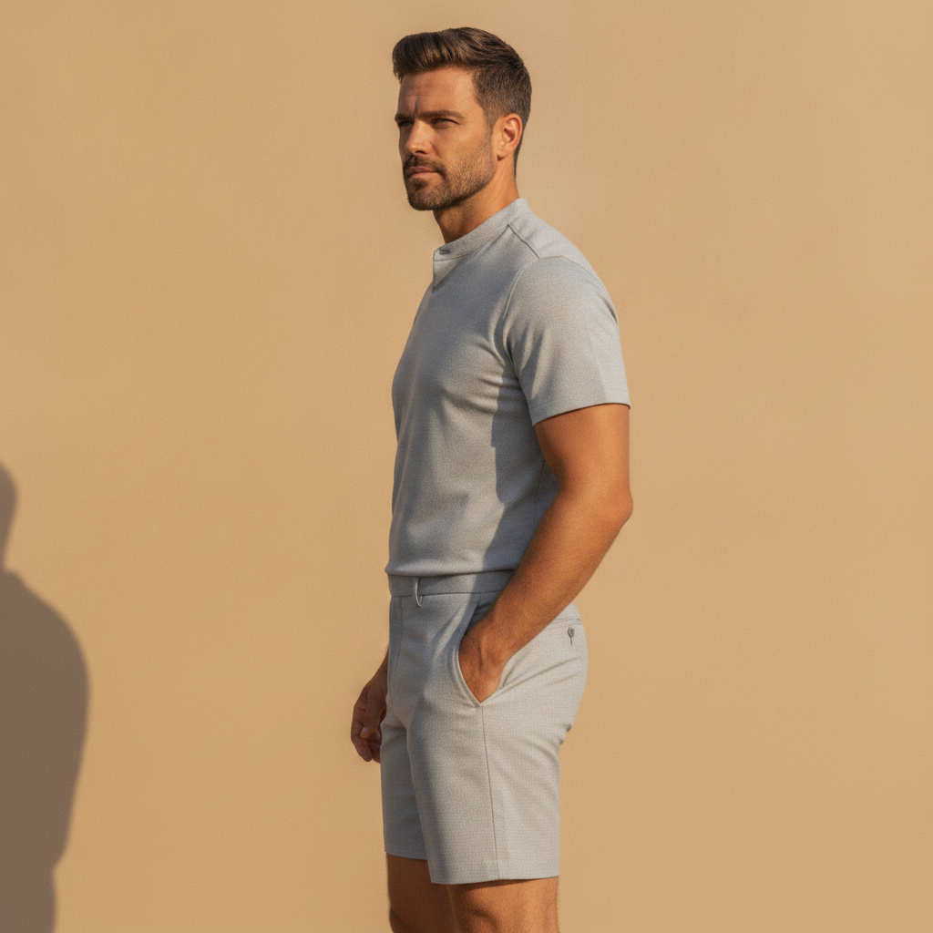Completo Coordinato Uomo Camicia Fresco Lana Estivo e Pantaloncini - vista laterale
