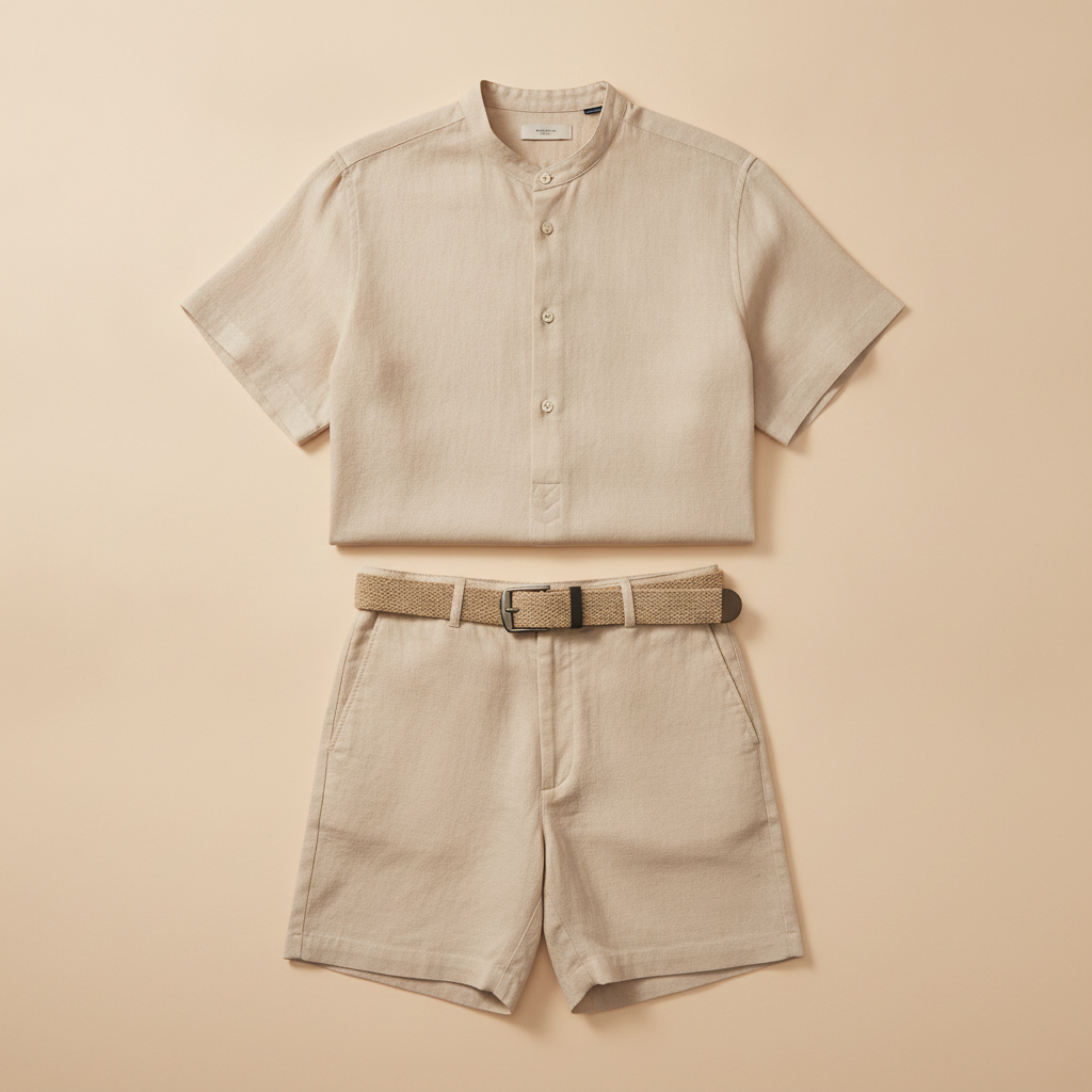 Completo Coordinato Uomo Camicia Lino Premium e Pantaloncini con Cintura - Beige Naturale