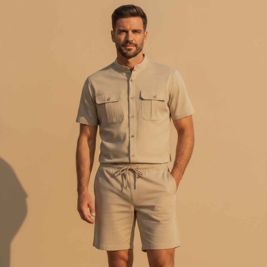 Completo Coordinato Uomo Camicia Safari Doppio Taschino e Pantaloncini - Beige Cachi - indossato