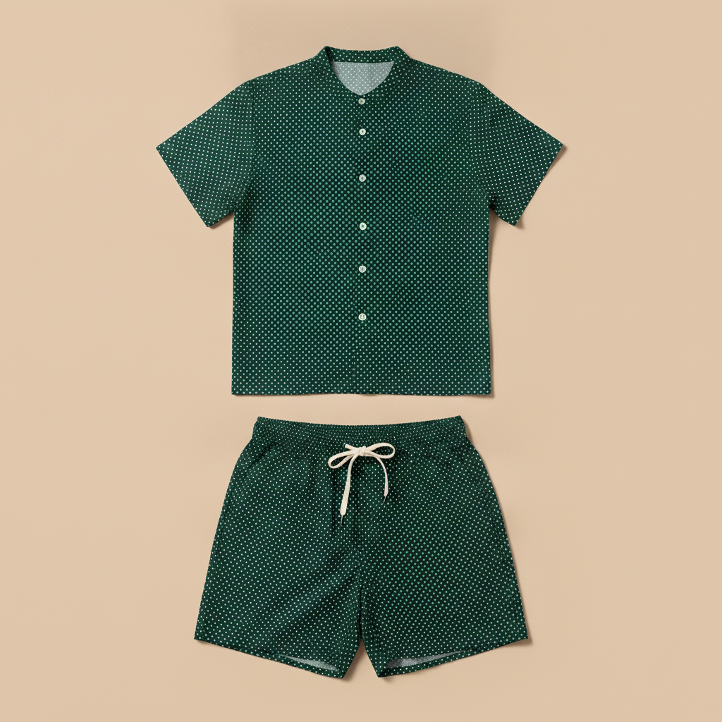 Completo Coordinato Uomo Camicia a Pois e Pantaloncini - Verde a Pois