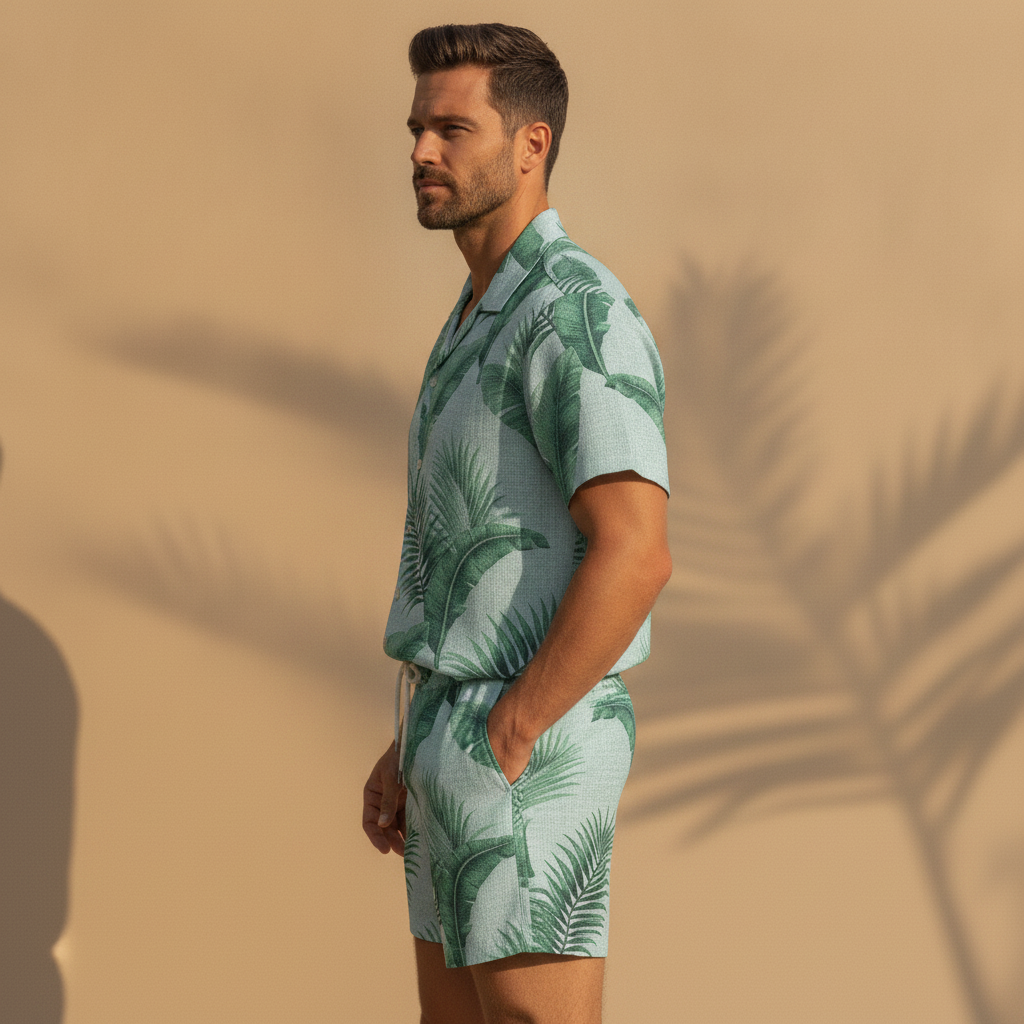 Completo Coordinato Uomo Camicia Stampa Palme e Pantaloncini - vista laterale