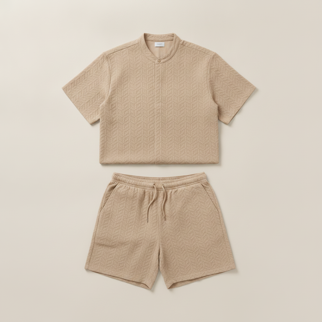 Completo Coordinato Uomo Camicia Jacquard Geometrico e Pantaloncini - Beige