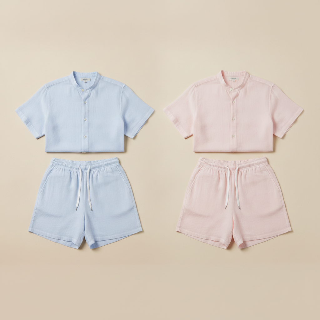Completo Coordinato Uomo Camicia Voile Leggera e Pantaloncini - Azzurro Polvere