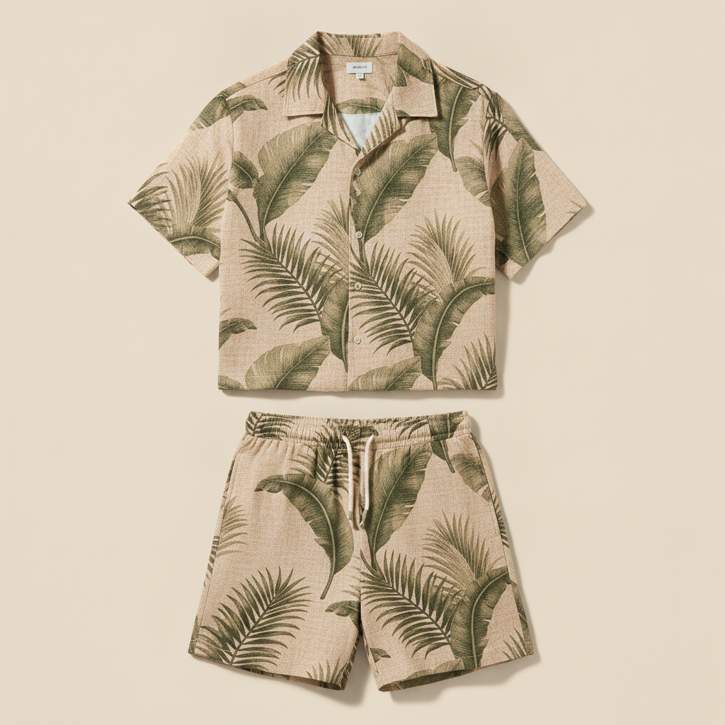 Completo Coordinato Uomo Camicia Stampa Palme e Pantaloncini - Palme Beige