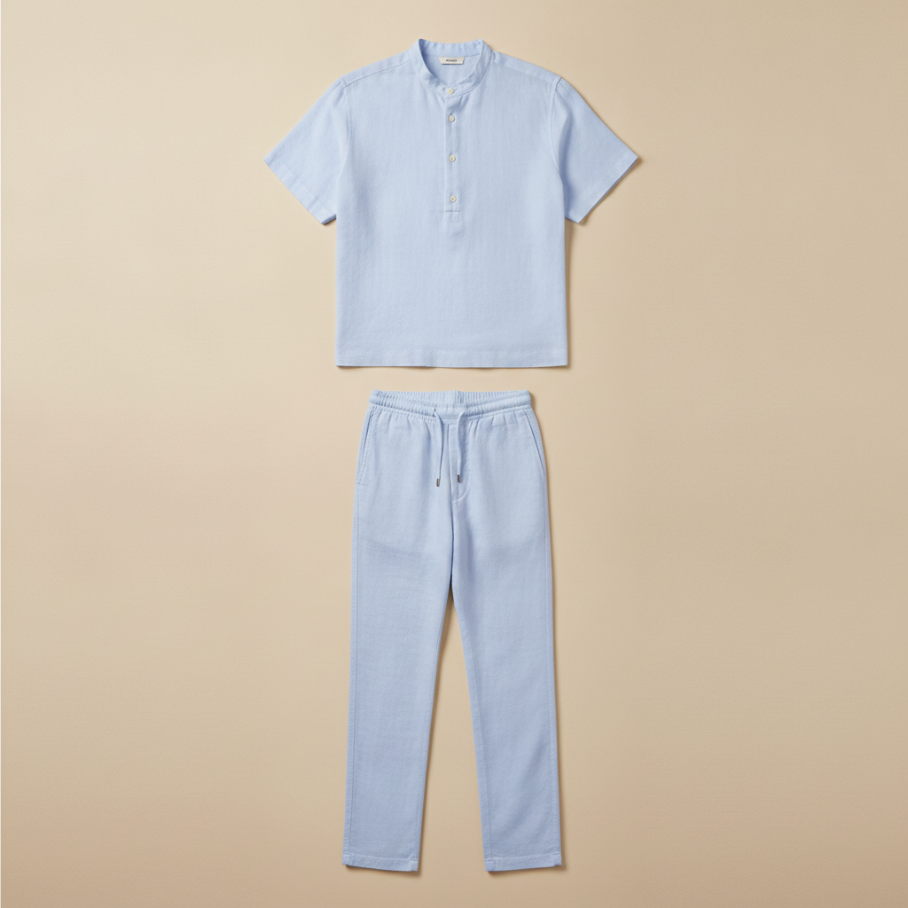 Completo Coordinato Uomo Camicia Lino e Pantaloni Lunghi - Azzurro