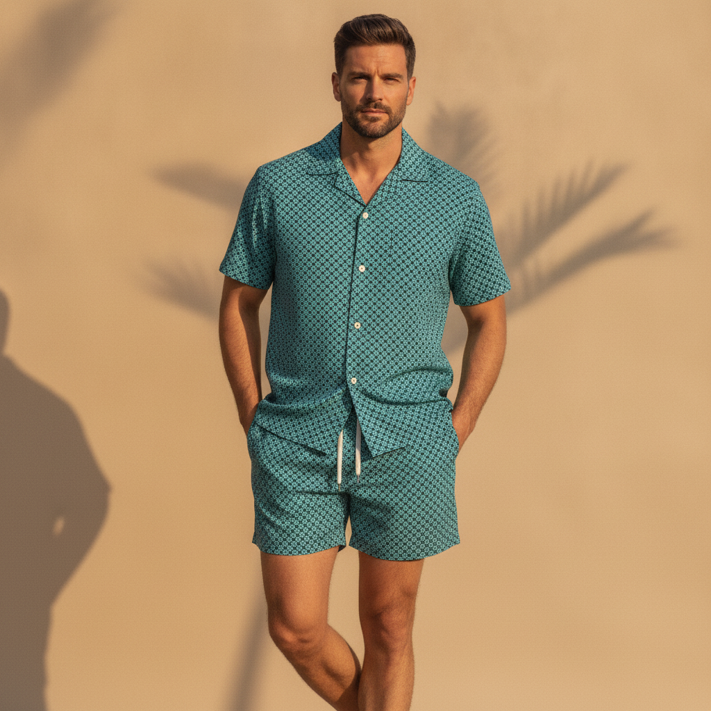 Completo Coordinato Uomo Camicia Geometrica e Pantaloncini - Geometrico Ottanio - indossato