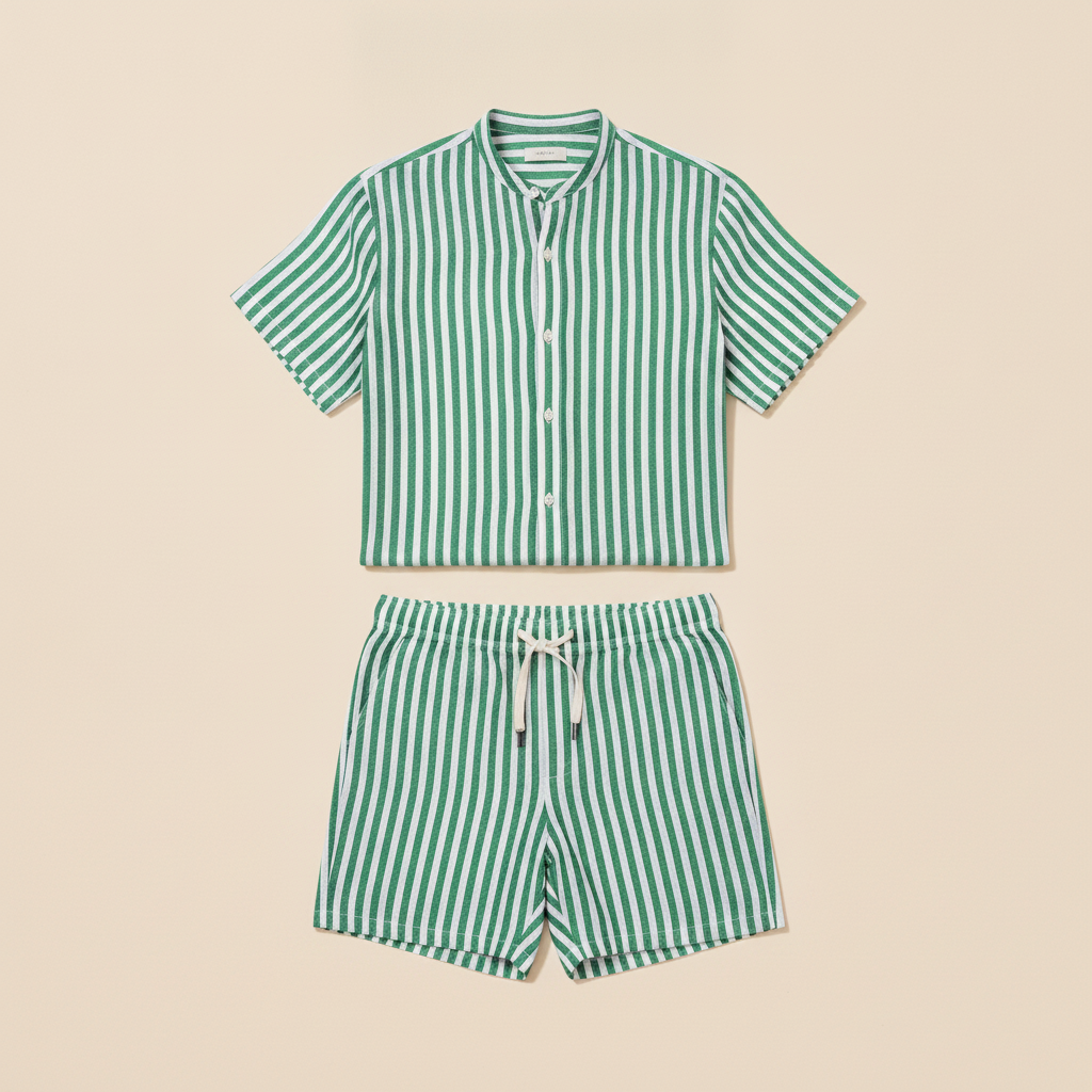 Completo Coordinato Uomo Camicia Lino a Righe e Pantaloncini - Verde e Bianco