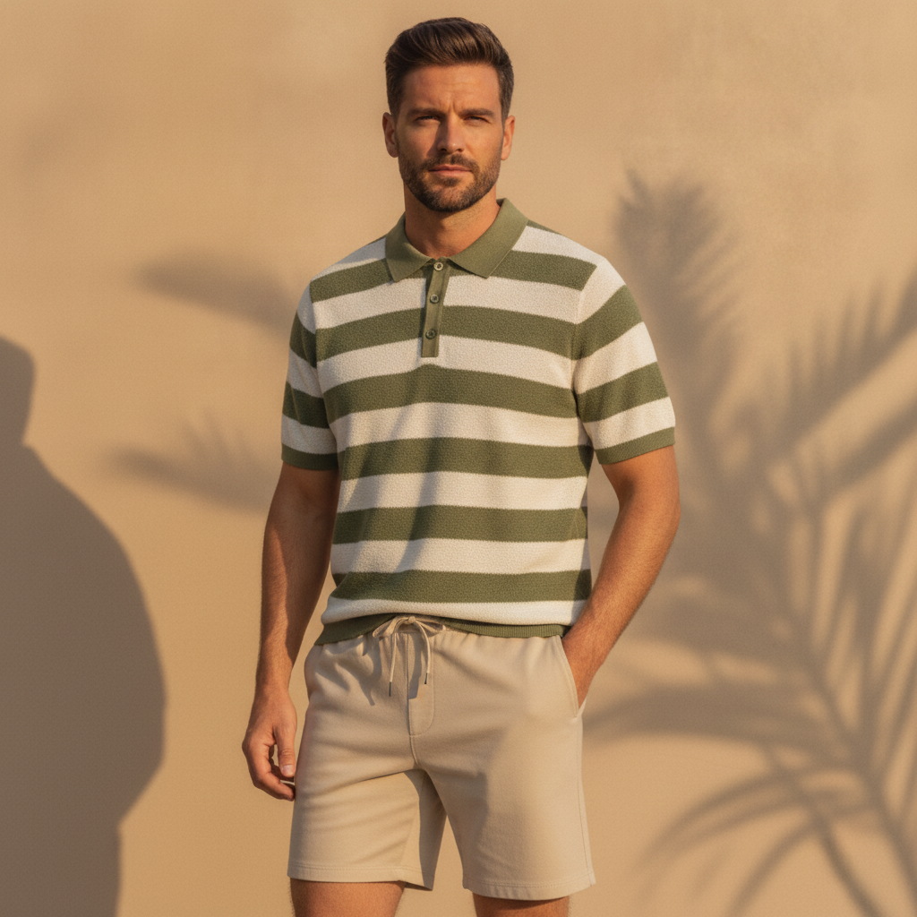 Completo Coordinato Uomo Polo Testurizzata a Righe e Bermuda - Verde e Beige - indossato