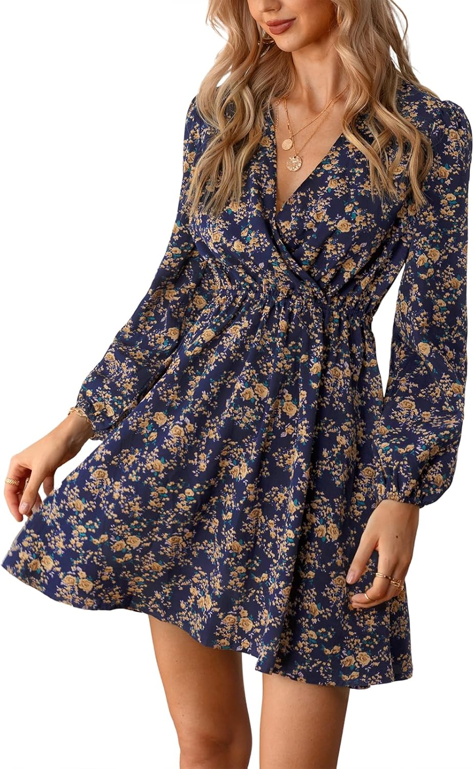 Vestito Lina Donna Floreale – Mini Abito Portafoglio con Scollo a V e Maniche Lunghe Elegante