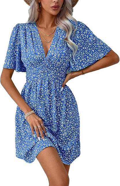 Abito da Donna Gala – Scollo a V, Maniche a Farfalla & Taglio A-Line con Vita Elastico Estate