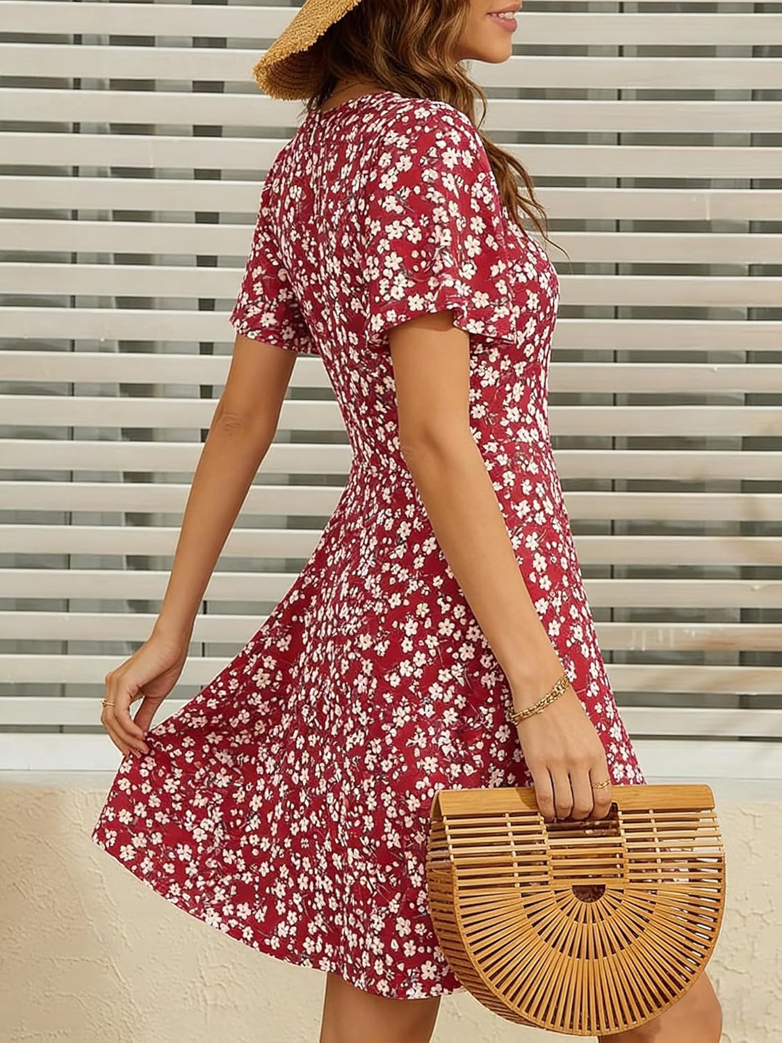 Léa Abito Portafoglio Donna – Abito Midi Fiorito con Scollo a V e Vita Alta