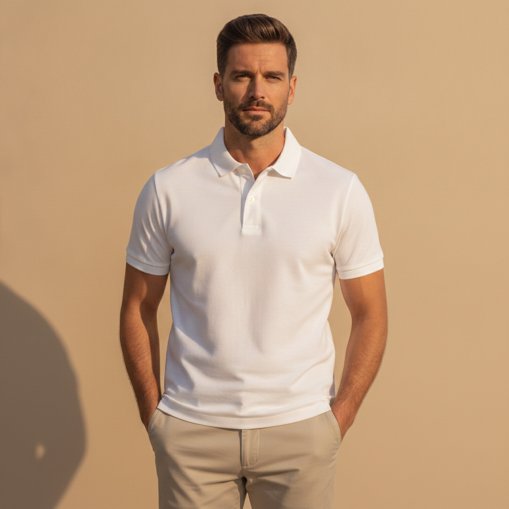 Polo Uomo in Jersey di Cotone Morbido – Comfort Casual Quotidiano - Bianco - indossato