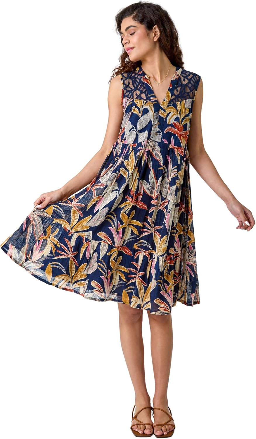 Vestito Lina Donna Cotone – Vestito Floreale Scollo a V Pizzo Gonna a Volant Estate Elegante