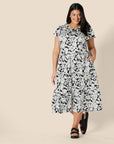 Vestito midi da donna Lucie in cotone satinato – Vestito volanté con collo rotondo