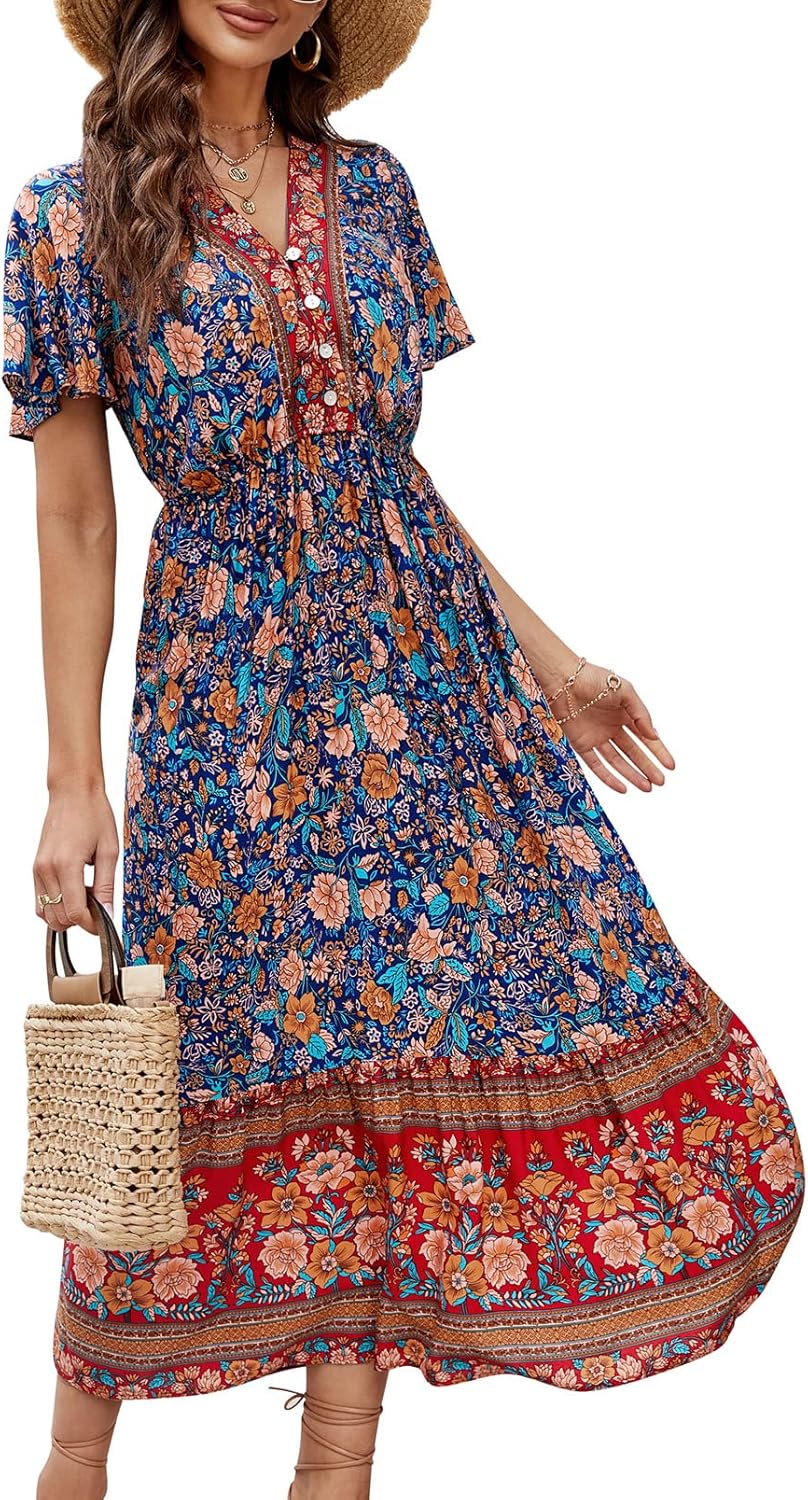 Elisa Abito Donna – Abito Midi Floreale Scollo a V Volant Bottoni Boho Estate