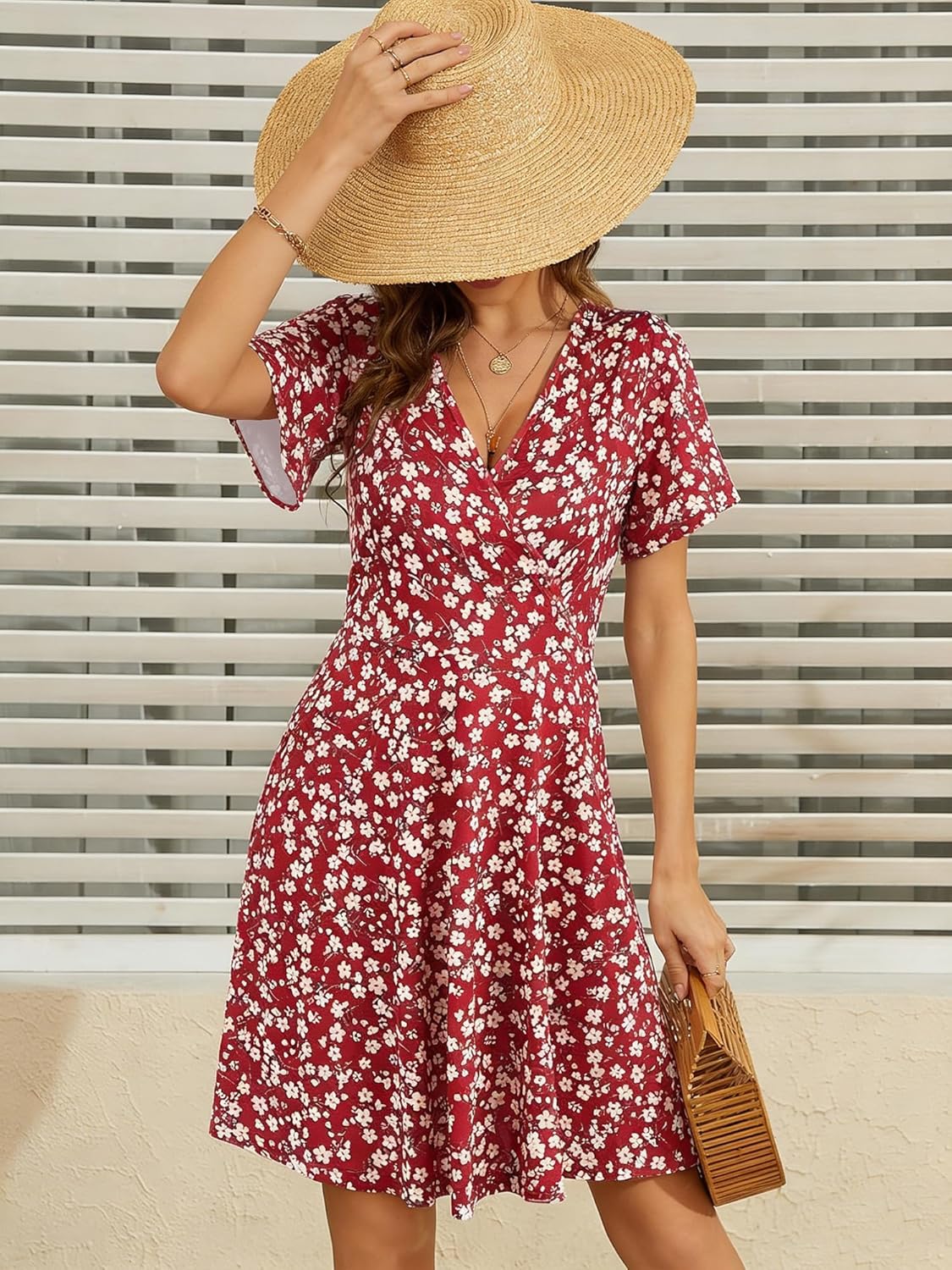 Léa Abito Portafoglio Donna – Abito Midi Fiorito con Scollo a V e Vita Alta
