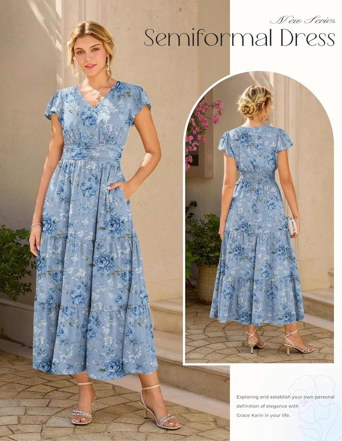 Sophie Abito Donna Midi Floreale – Scollo a V, Maniche a Volant, Vita Segnata, Tasche
