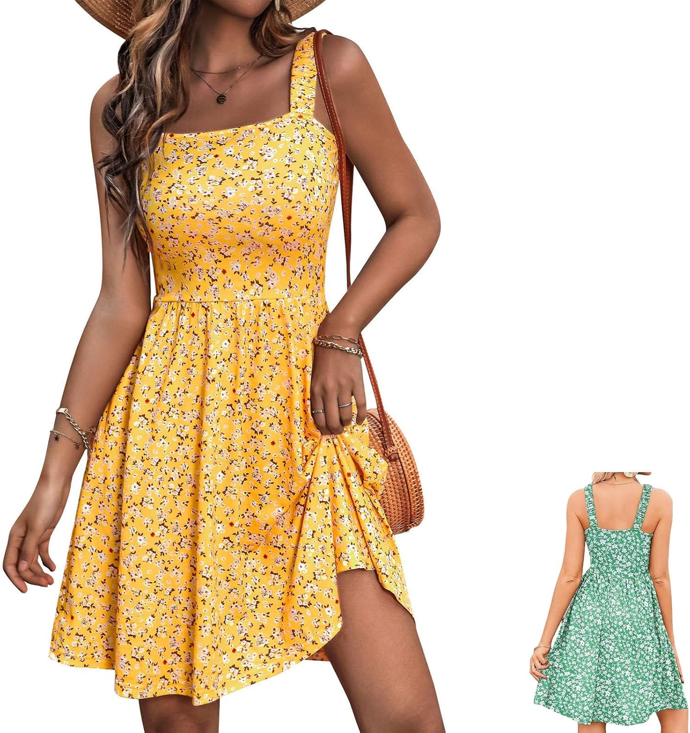 Vestito Emma Donna – Vestito Floreale Collo Quadrato Senza Maniche A-Line Mini con Tasche Estate