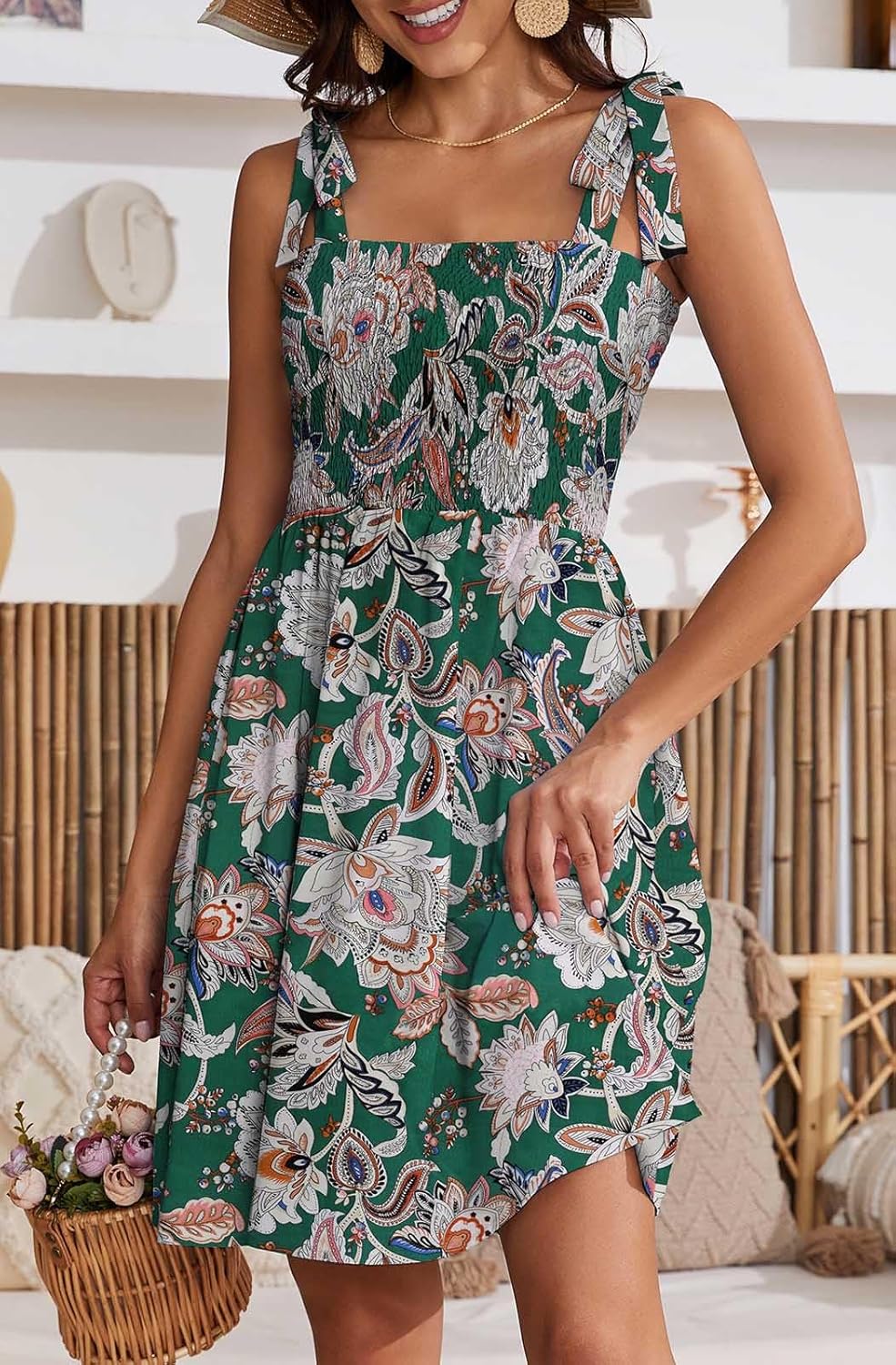 Vestito estivo Lina da donna – Vestito floreale con scollo quadrato, spalline, vita alta, linea a trapezio