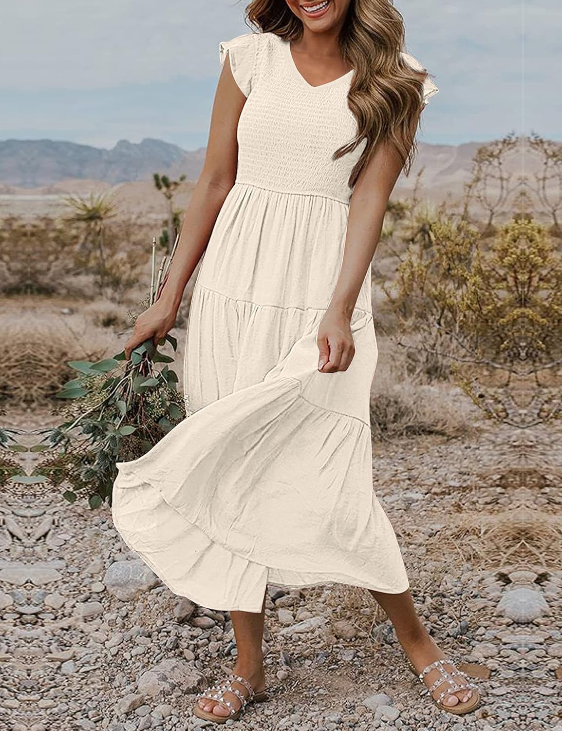 Clara Vestito Midi Donna – Vestito Estivo Scollo a V Arricciato con Volant e Tasche Elegante