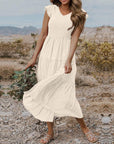 Clara Vestito Midi Donna – Vestito Estivo Scollo a V Arricciato con Volant e Tasche Elegante