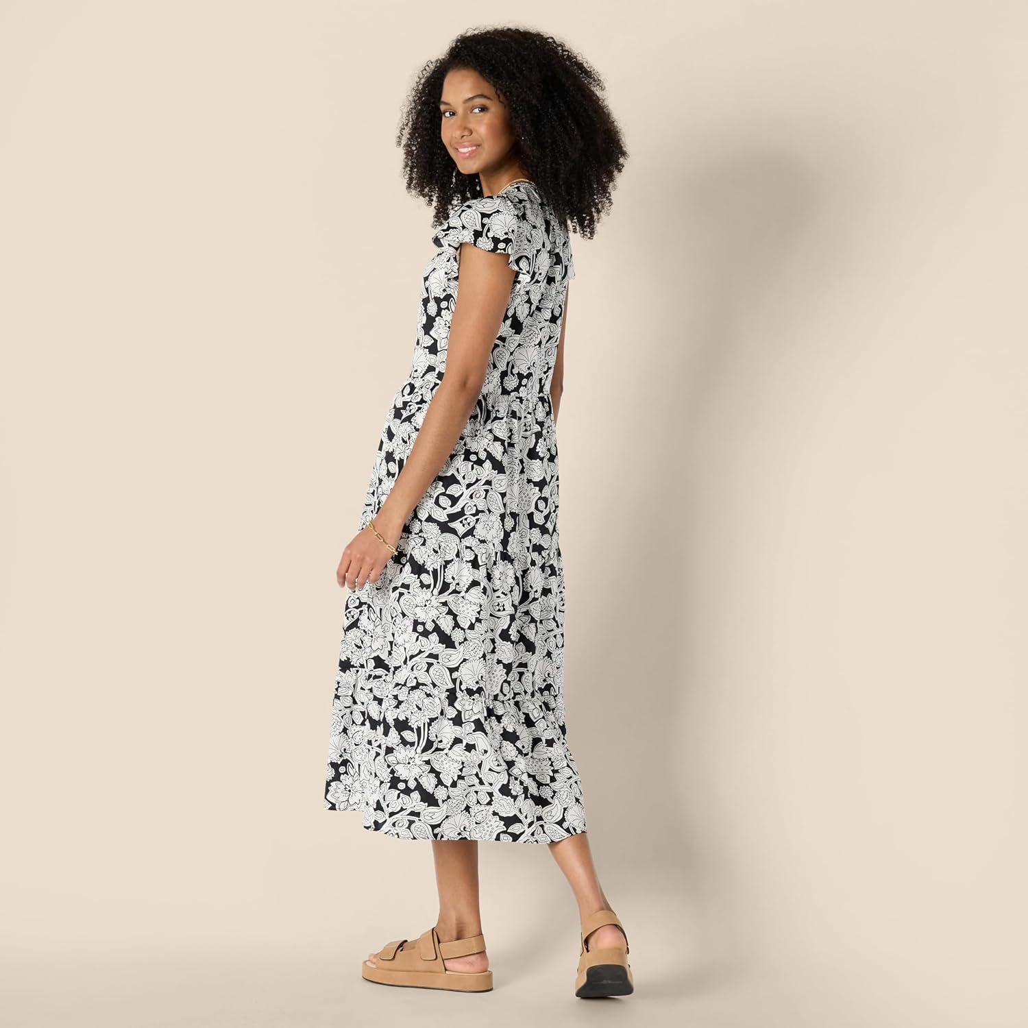 Vestito midi da donna Lucie in cotone satinato – Vestito volanté con collo rotondo