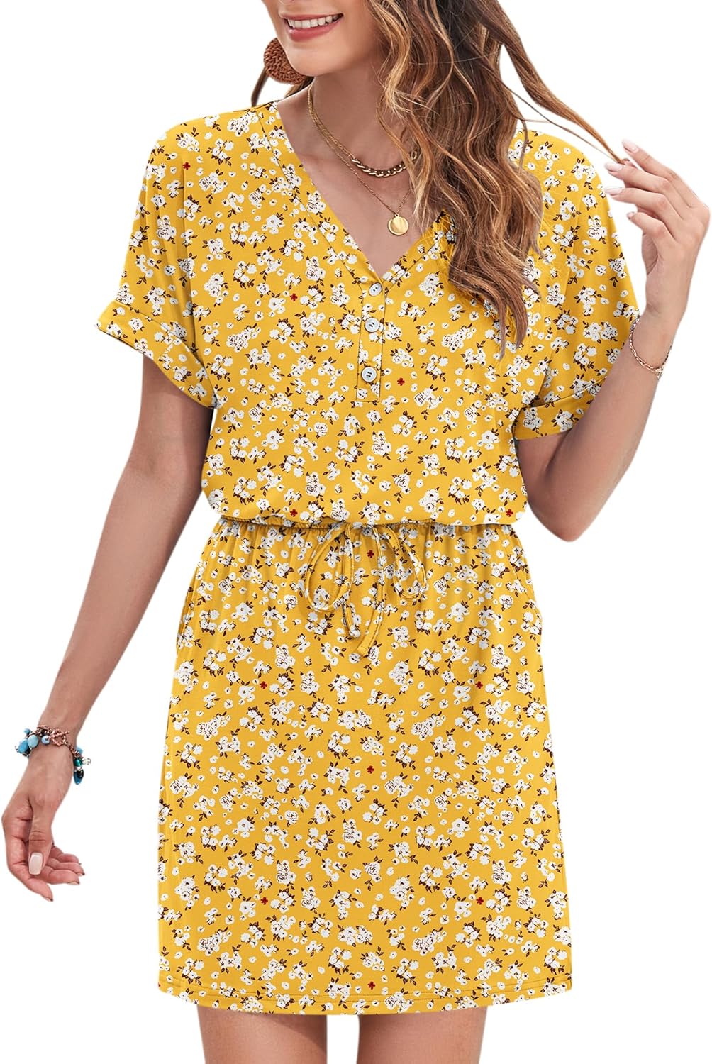 Adelaida Abito Corto Donna Estate – Abito con Scollo a V, Bottoni, Cintura Annodata e Tasche Casual