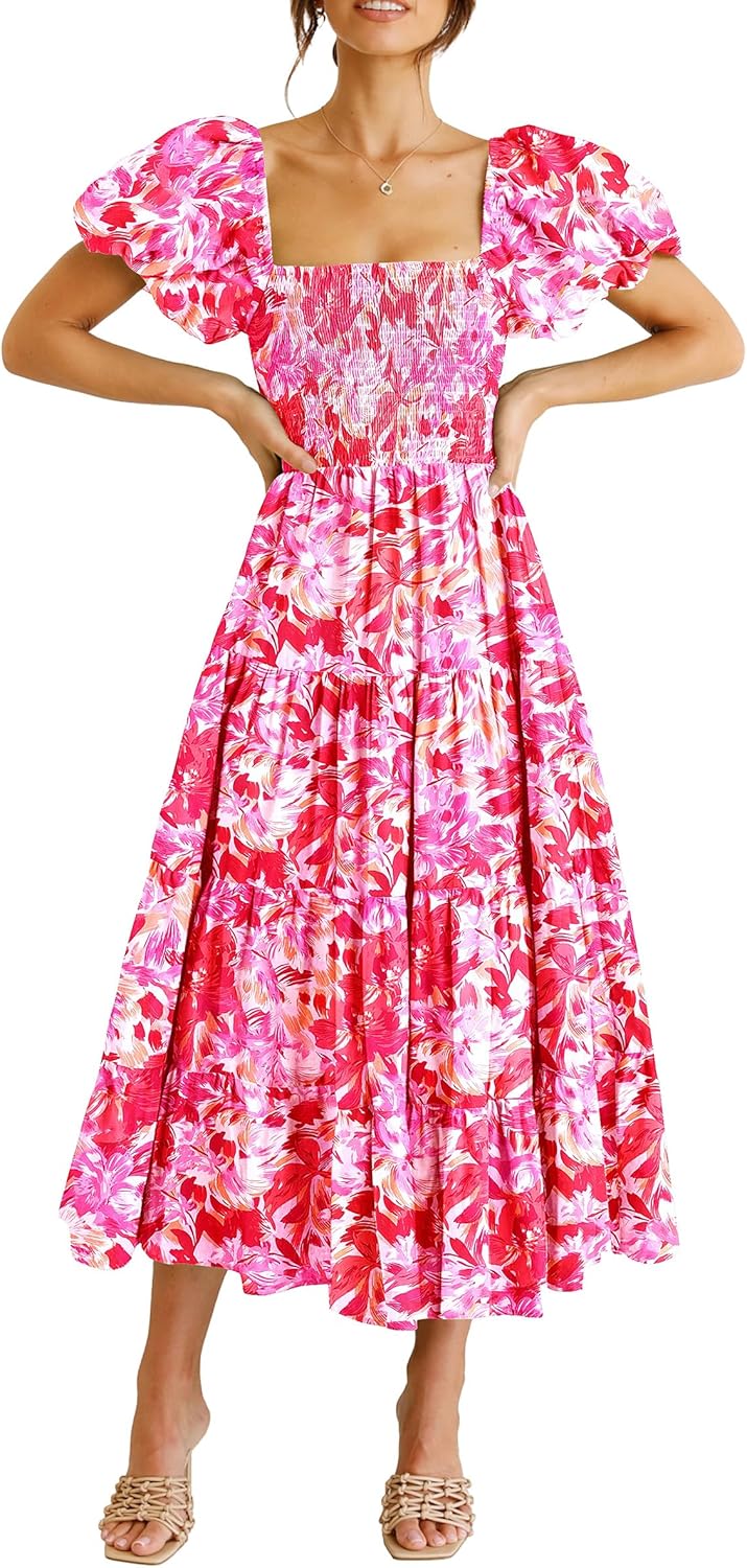 Juanna Abito Midi Donna Estate – Abito con Scollo Quadrato Arricciato, Maniche a Sbuffo e Volant