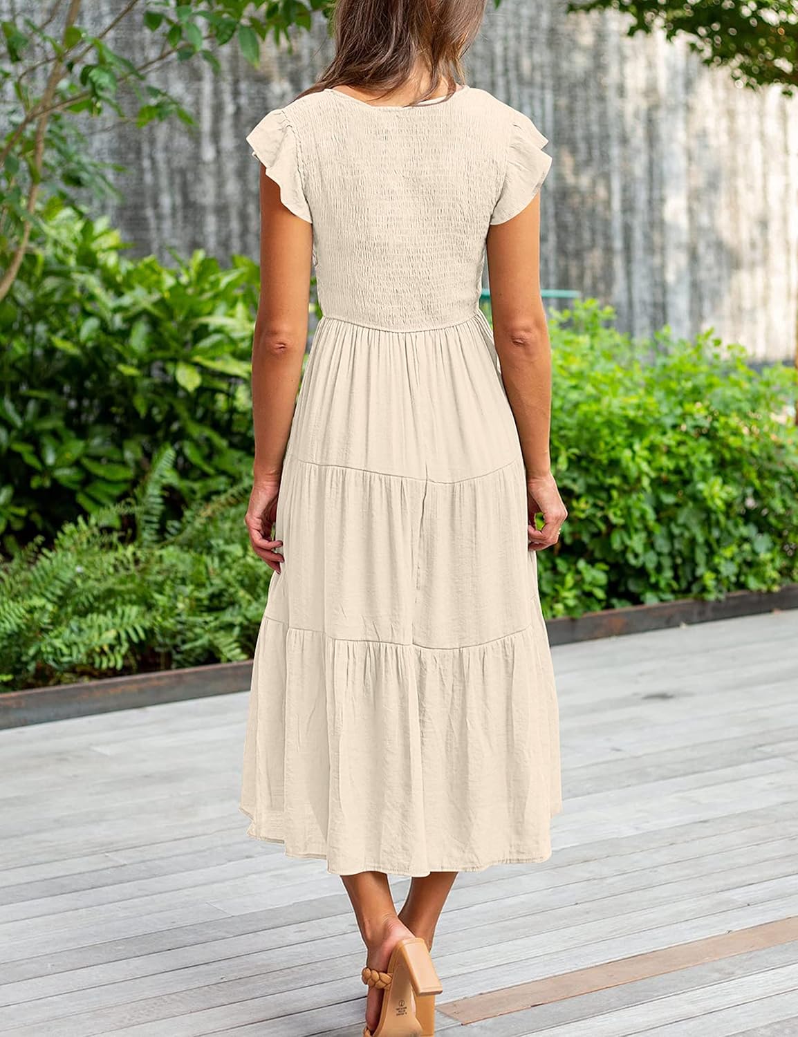 Clara Vestito Midi Donna – Vestito Estivo Scollo a V Arricciato con Volant e Tasche Elegante