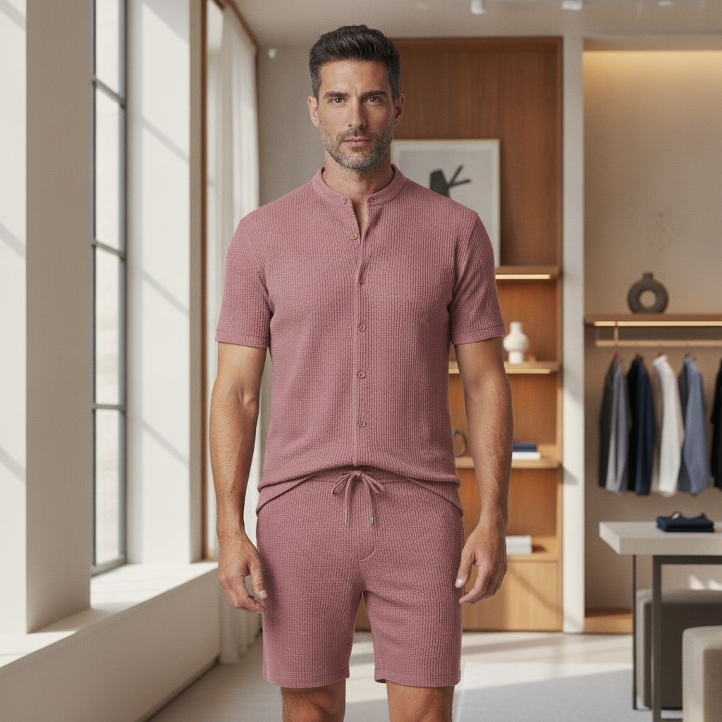 Completo Coordinato Uomo a Coste – Camicia Colletto Coreana e Pantaloncini - Rosa Righe - indossato
