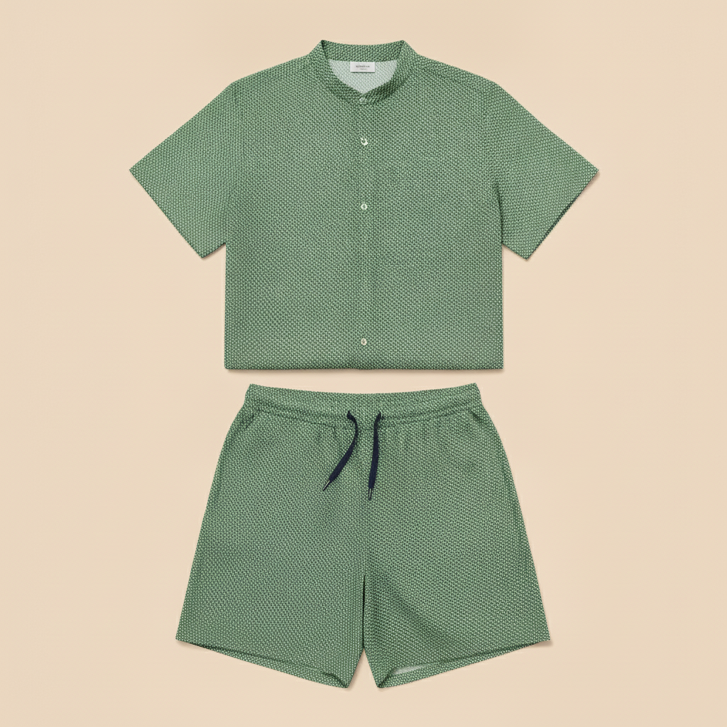 Completo Coordinato Uomo Camicia Micro-Fantasia e Pantaloncini - Verde Micro