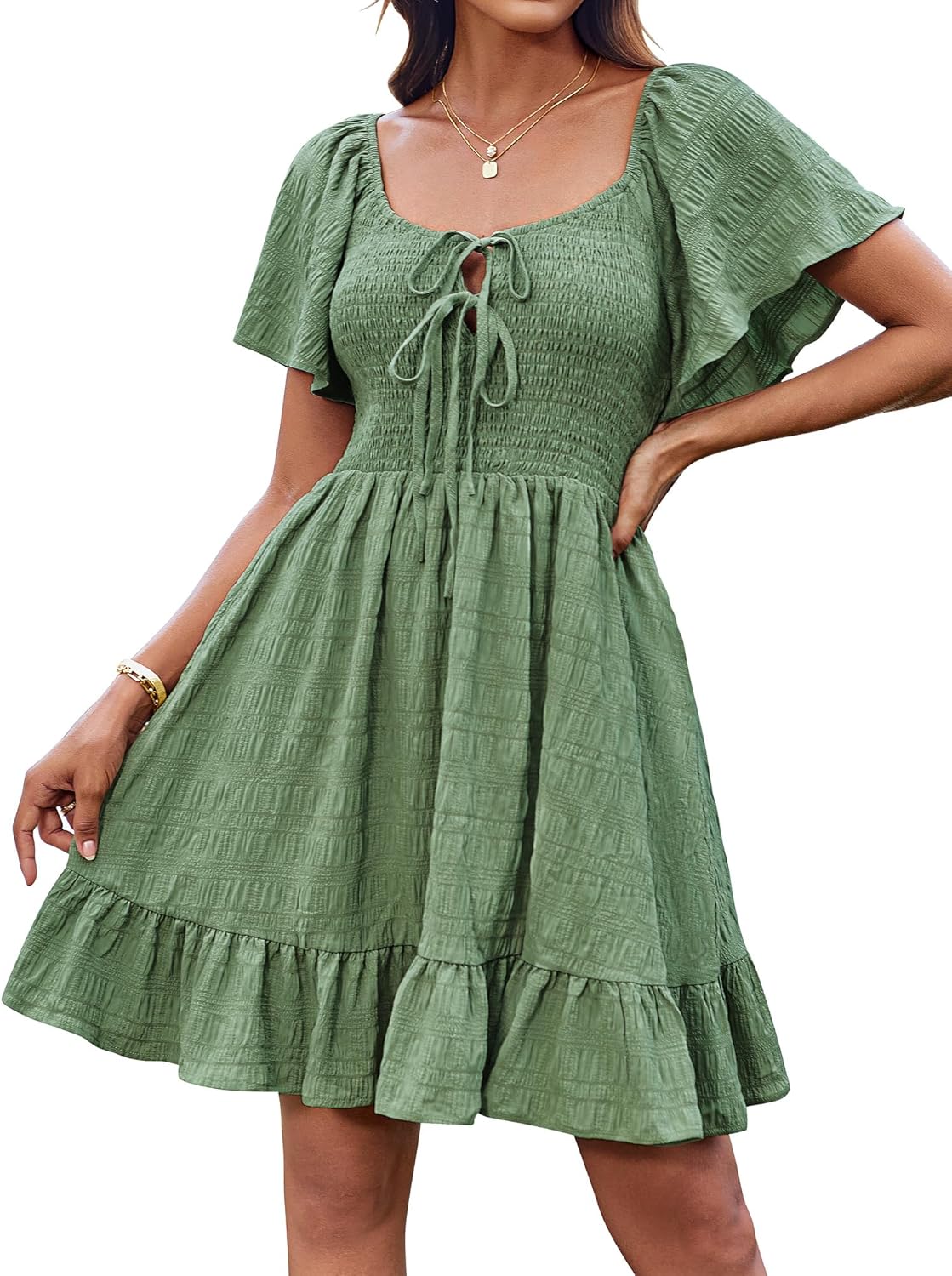 Léa Abito Mini Volants – Abito Estivo Spalle Scoperte Collo Annodato Elegante Donna