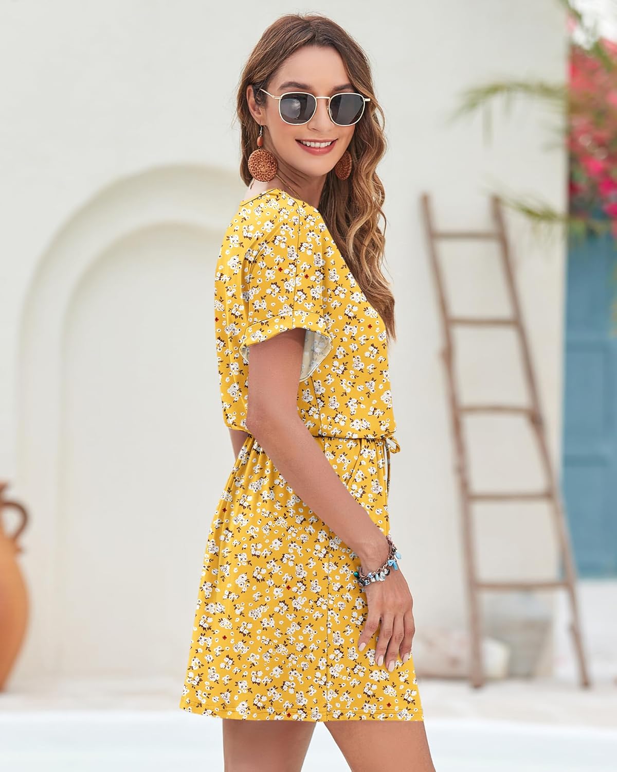 Adelaida Abito Corto Donna Estate – Abito con Scollo a V, Bottoni, Cintura Annodata e Tasche Casual