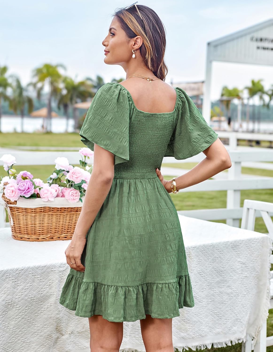 Léa Abito Mini Volants – Abito Estivo Spalle Scoperte Collo Annodato Elegante Donna