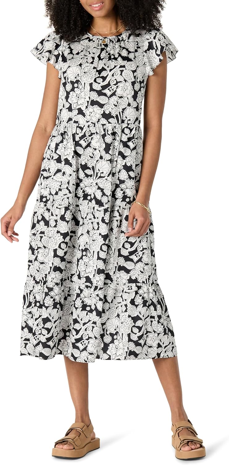 Vestito midi da donna Lucie in cotone satinato – Vestito volanté con collo rotondo