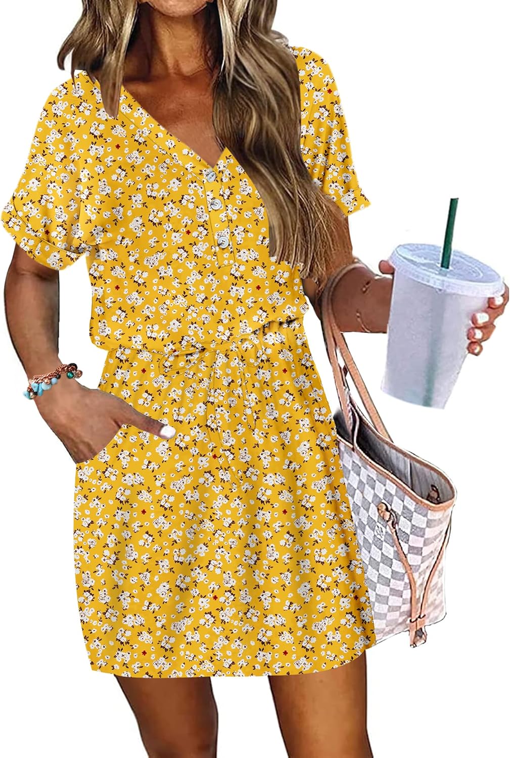 Adelaida Abito Corto Donna Estate – Abito con Scollo a V, Bottoni, Cintura Annodata e Tasche Casual