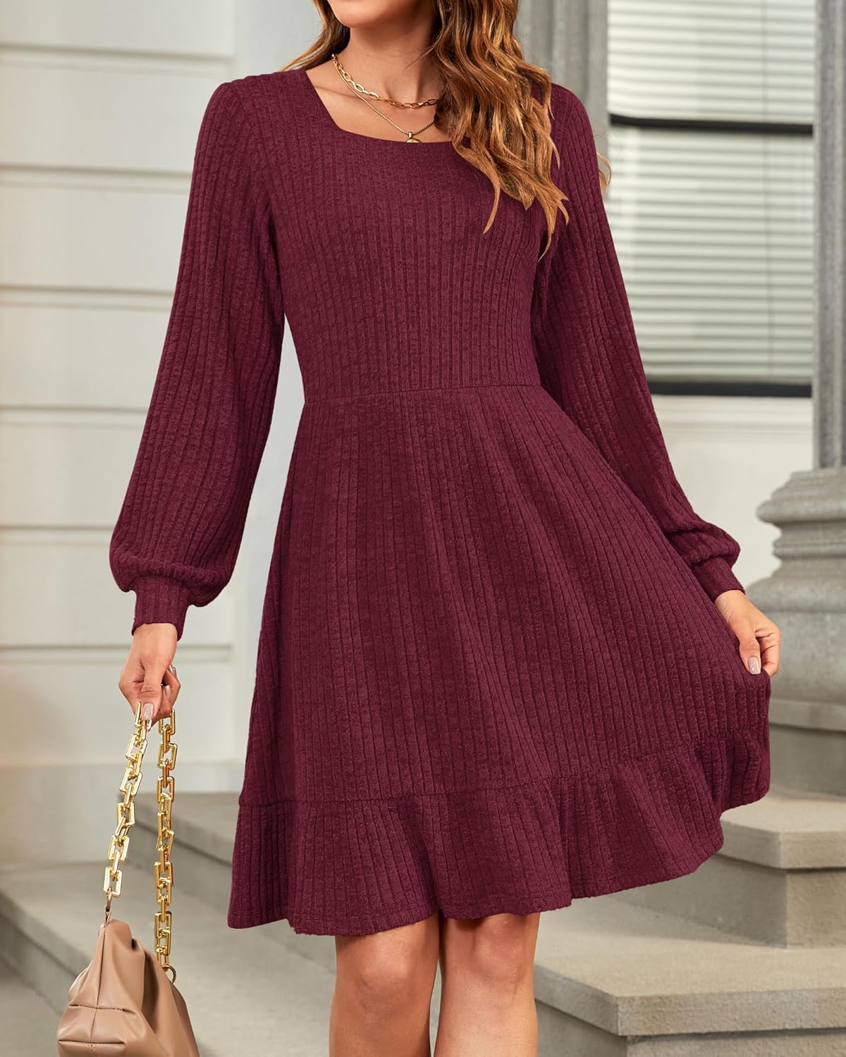 Élise Abito Maglia Donna – Abito Maglia Collo Quadrato Maniche Lunghe Autunno Inverno
