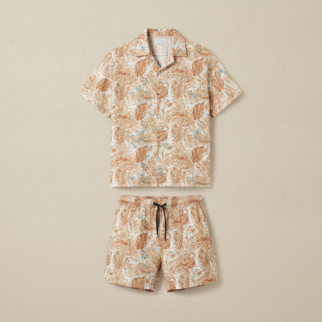 Completo Coordinato Uomo Camicia Tropicale e Pantaloncini - Fiori Blu