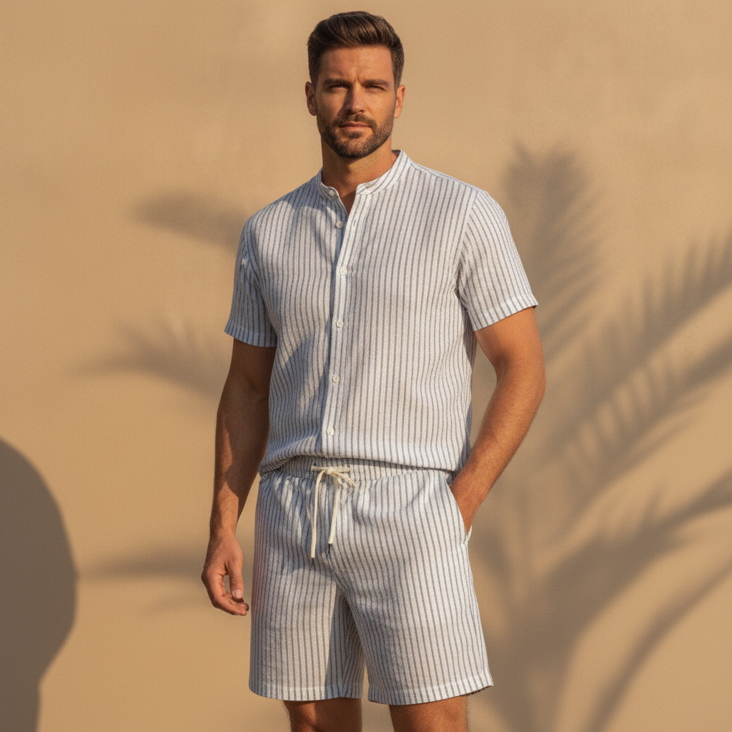Completo Coordinato Uomo Camicia Lino Gessato e Pantaloncini - Bianco Righe Navy - indossato